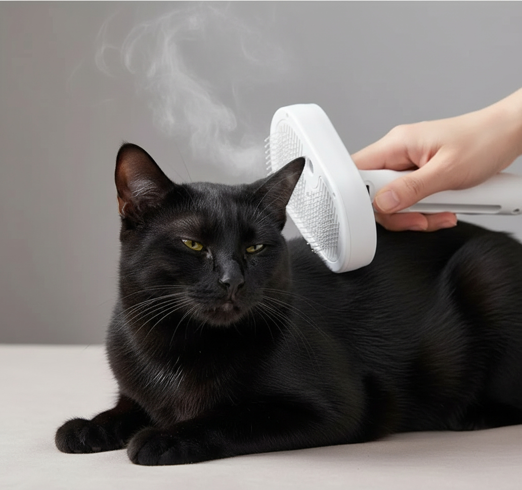 Schwarze Katze beim Bürsten